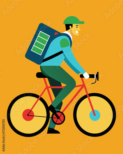 A lone traveler on a longdistance bike ride relied on their solarpowered battery pack the panels tucked neatly into their backpack and providing a vital source of energy.. Vector illustration
