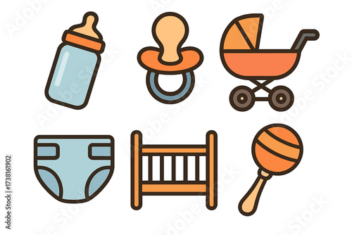 Baby essentials icon set for newborn. Childcare vector items. Feeding bottle, pacifier, diaper, stroller, crib, rattle. Baby shower cartoon graphic element for parenting.