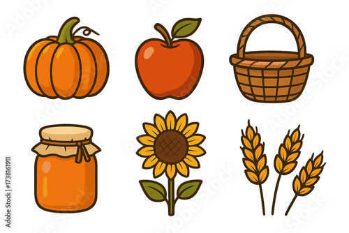Autumn harvest icon set. Fall food symbols. Pumpkin, apple, basket, jam, sunflower, wheat. Vector illustration for agriculture, farming, Thanksgiving. Isolated cartoon graphic.