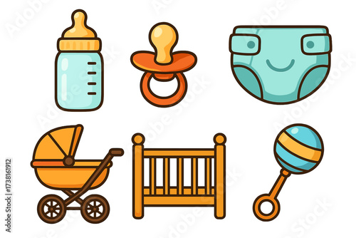 Baby essentials icon set. Vector illustration of newborn items: bottle, pacifier, diaper, stroller, crib, rattle. Flat cartoon collection for childcare, infancy, parenthood.