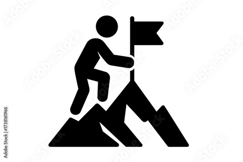 Man with flag on top of mountain. Success, achievement, goal, mission. Concept of business leadership, career growth, victory. Person climbing to the summit. Flat icon.