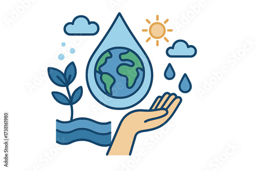 World Water Day concept vector. Save water, save the planet. Hand holding Earth inside a drop. Ecology and environment preservation, sustainability, and conservation message.
