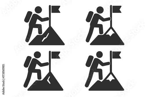 Man on top of a mountain with a flag. Concept of reaching a goal, success, and achievement. Icon set for business leadership, career growth, and mission accomplished.