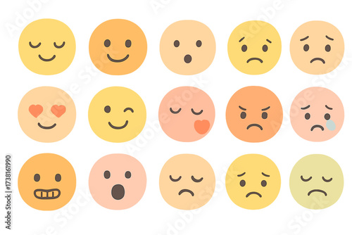 Emoji face collection vector set. Emoticons with diverse emotions for mood feedback. Minimalist cartoon characters showing feelings. Happy, sad, angry, love, sick, tired icons.