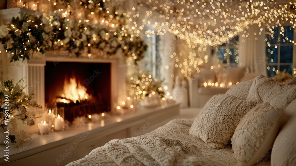 Fototapeta premium Romantic bedroom with fireplace, cozy blankets, and soft glowing fairy lights for winter ambiance 