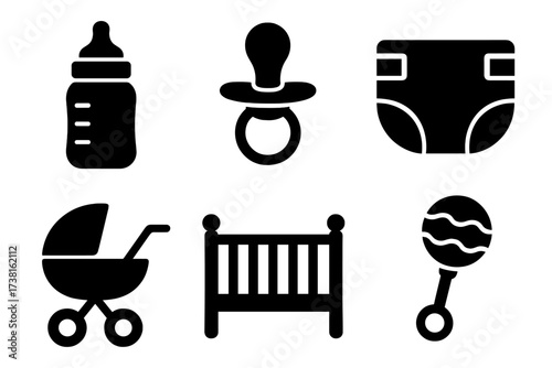 Baby essentials icon set. Newborn care glyph collection. Simple black silhouette symbols for childcare, parenting. Includes bottle, pacifier, diaper, stroller, crib, and rattle.