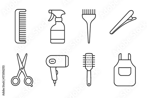Hairdressing tools and barber equipment icon set. Professional hair salon collection in thin line style. Vector graphic includes scissors, comb, brush, hairdryer, and spray.