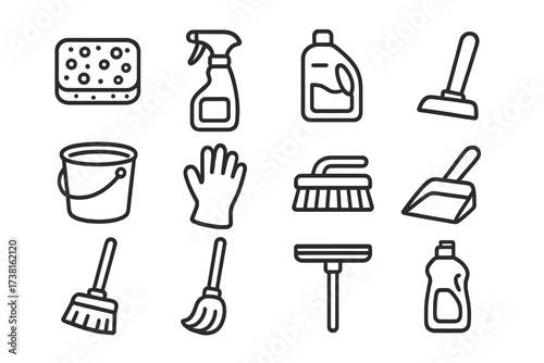 Essential cleaning supplies and tools line icon set. Vector symbols for hygiene, housework, and cleanliness. Includes sponge, spray, bucket, mop, broom, and detergent icons.