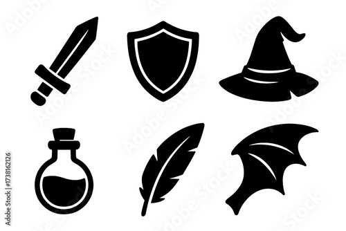 Fantasy icons set. Sword, shield, witch hat, potion, feather, dragon wing. RPG game assets, magic items, medieval weapons, sorcery symbols, warrior and wizard kit vector.