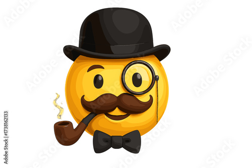 Gentleman emoticon vector icon. 3D smiley face character with mustache, monocle, and bowler hat. Classic vintage gentleman smoking pipe. Dapper sir mascot illustration.