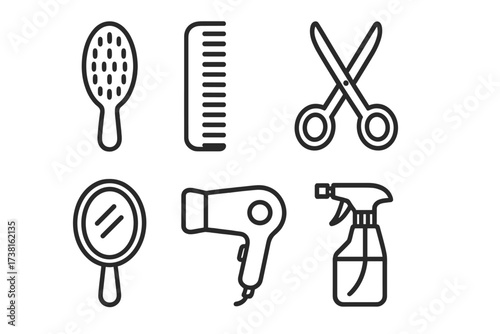 Hairdresser and barber shop tools icon set. Vector collection of simple hair styling essentials. Linear graphic symbols brush, comb, scissors, mirror, hairdryer, spray.