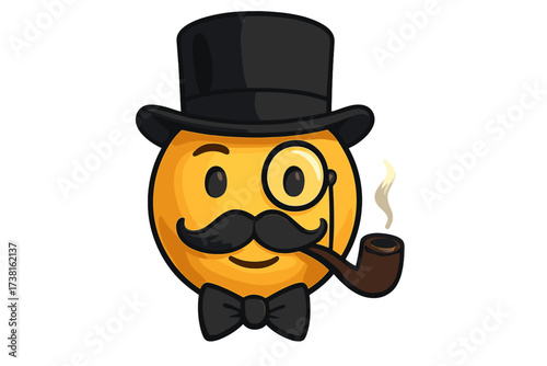 Gentleman emoticon vector smiley face. Character with mustache, top hat, monocle, and smoking pipe. Posh vintage sir emoji icon. Rich mascot cartoon illustration for design.