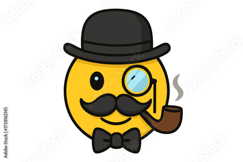 Gentleman emoticon vector icon. Yellow smiley face character with mustache, bowler hat, smoking pipe, monocle and bow tie. Vintage retro sir mascot illustration for design.