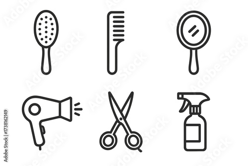 Hairdressing tools icon set. Hairdresser and barbershop equipment. Vector line icons of brush, comb, scissors, mirror, hairdryer, spray bottle. Beauty salon essentials.