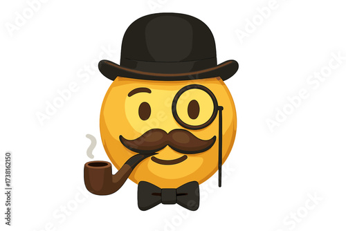 Gentleman emoticon vector illustration. Smiley face character with mustache, bowler hat, smoking pipe, and monocle. Retro vintage fancy emoji icon for classic style concepts.