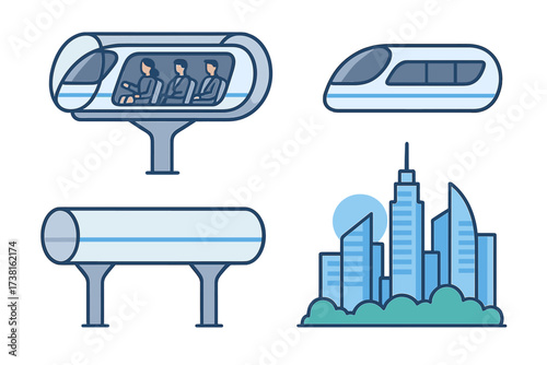 Hyperloop future transport icon set. High-speed vacuum tube train with passengers. Maglev public transportation technology. Futuristic city skyline vector illustration elements.
