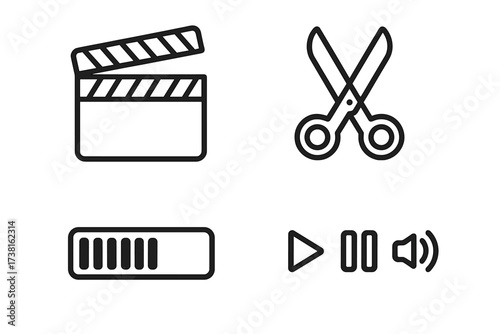 Cinema icon set. Movie production outline symbols. Video editing, clapperboard, cut, loading bar, play, pause, sound button. Film industry simple pictogram collection.