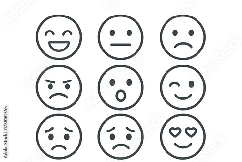 Emoji faces icon set expressing various emotions. Minimalist line art vector. Happy, sad, angry, surprised, love, neutral. Concept of mood, feeling, feedback, satisfaction.