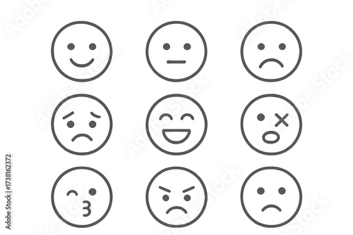 Line art emoji face icon set. Vector emoticons with various expressions for user feedback or mood rating. Isolated cartoon smiley symbols: happy, sad, angry, neutral.