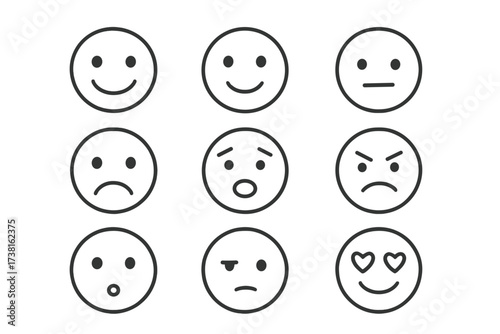 Minimalist emoji faces icon set. Line art emoticons expressing various emotions. Vector smiley characters. Happy, sad, angry, love, surprised. Mood and feedback concept.