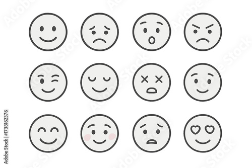 Minimalist emoji faces set with diverse expressions. Vector cartoon illustration pack of emoticons. Simple outline icons for mood, feeling, emotion. Modern linear smiley symbols.