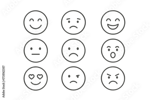 Minimalist emoji set with different expressions in a linear style. Vector emoticons for social media. Icon collection of cartoon faces showing happy, sad, love, angry emotions.