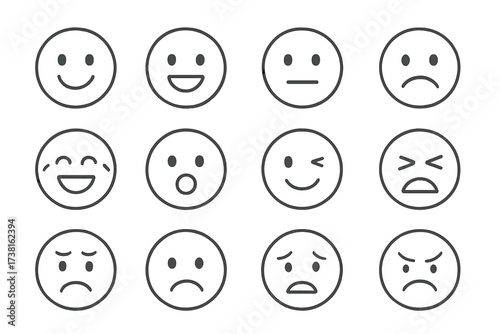 Minimalist emoji set with facial expressions. Emoticon collection in linear style. Vector icons for feedback, mood, or customer rating. Happy, sad, angry, neutral faces.