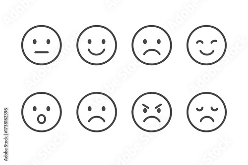 Set of linear emoticons. Emoji face icons collection for customer feedback or user experience. Minimalist vector illustration of emotions: happy, sad, angry, neutral smileys.