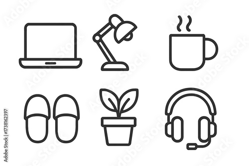 Home office icon set for remote work. Minimalist line art vector of laptop, lamp, coffee, slippers, plant, headset. Workspace essentials for freelance and business lifestyle.