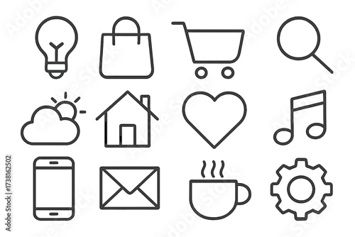 Minimalist line art icon set for web and mobile. Vector graphic collection of universal symbols like home, search, settings, heart, music, shopping, idea and weather.