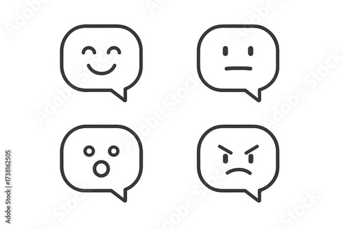 Emotion faces icon set in speech bubbles. Minimalist line art vector for customer feedback or satisfaction review. Happy, neutral, angry and surprised expressions concept.