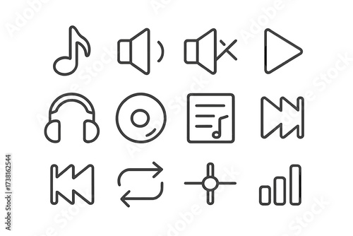 Minimalist line icon set for music and audio. Media player interface elements. Vector symbols for play, volume, shuffle, and sound control for web and app UI design.