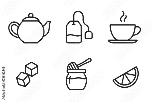 Tea time icons. Minimalist line art collection of tea essentials. Includes teapot, teabag, cup, sugar, honey, lemon. Vector graphic set for cafe menu, beverage design.
