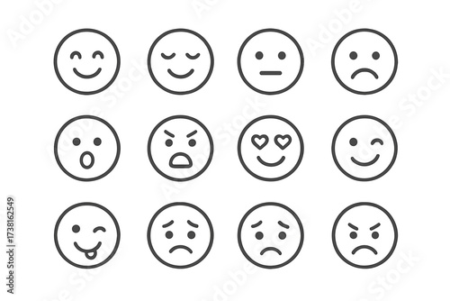 Minimalist linear emoji icon set. Vector line art emoticons with diverse emotions for UI UX design. Simple smiley faces collection showing happy, sad, angry, love feelings.