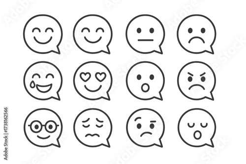 Minimalist line icon set of emoticons in speech bubbles. Vector faces showing diverse emotions like happy, sad, love, and angry. Customer feedback, chat message, or review concept.