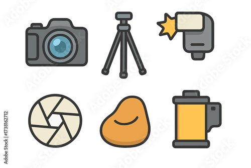 Photography icon set of photo equipment. Vector illustration with camera, tripod, flash, aperture, bean bag, film roll. Cartoon graphic element for photographer hobby or profession.
