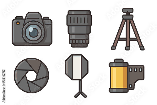 Photography equipment icon set. Vector line art of pro photographer gear: digital camera, lens, tripod, aperture, studio softbox, and film roll. Flat cartoon illustration.