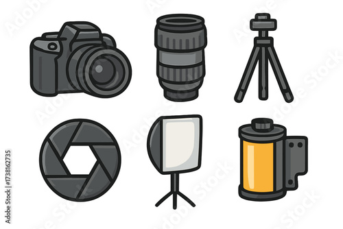 Photography equipment vector icon set. Camera, lens, tripod, aperture shutter, studio softbox, and film roll. Professional photographer gear cartoon illustration isolated.