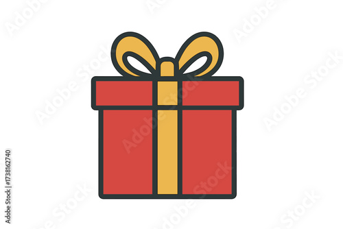 Red gift box with yellow ribbon. Vector flat icon for birthday, Christmas, promotions, contests, marketing, and giveaways. Enter to win prize concept for marketing strategies.