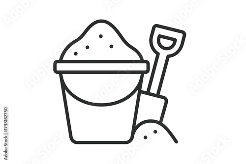Sand bucket and shovel icon for kids' summer fun. Vector line art illustration for beach vacation, playground, and sandbox play. Simple outline graphic design element.