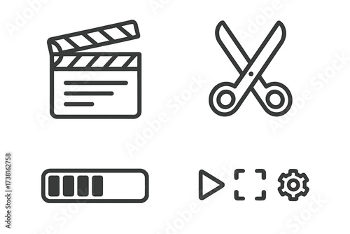 Video editing line icon set for post-production and filmmaking. Movie making symbols collection with clapperboard, scissors for cut, loading bar, and media player UI controls.