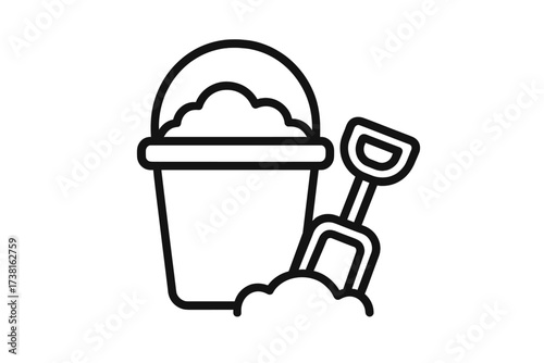 Sand bucket and shovel icon. Vector thin line illustration for beach and playground. Children's leisure time toy. Summer vacation, sandbox fun, kids activity concept.