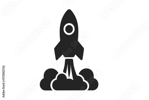 Rocket launch vector icon. Spaceship taking off with smoke, symbol for startup business success, motivation, and innovation. Sci-fi and science exploration concept illustration.