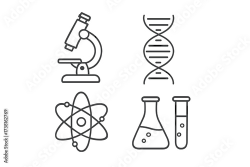 Science and research vector icon set. Minimalist line art of microscope, DNA, atom, chemistry lab equipment. For biology, physics, education projects. Isolated outline symbols.
