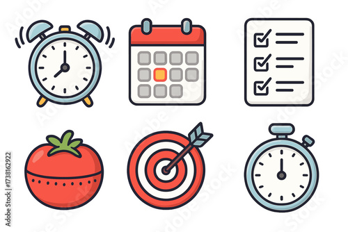 Time management icon set for productivity. Vector icons of alarm clock, calendar, checklist, and goal target. Pomodoro tomato timer and stopwatch for focus and deadlines.