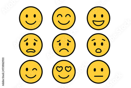 Simple linear emoji set with various facial expressions. Vector cartoon smiley face collection. Emoticon pack for customer feedback, mood, and emotion. Isolated icon set.