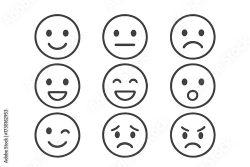 Simple linear emojis set with facial expressions. Vector cartoon illustration of emoticons. Emotion icons collection. Happy, sad, angry, neutral feelings. Outline smiley faces.