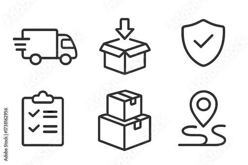 Simple line icons for delivery and shipping services. Vector set for logistics, e-commerce, and transport business. Includes truck, package, tracking, and secure symbols.