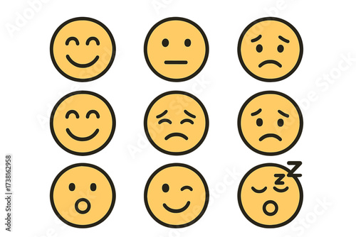 Emoji set linear icons. Emoticon pack with various facial expressions. Happy, sad, neutral, angry faces for customer feedback and satisfaction rating. Mood concept vector.