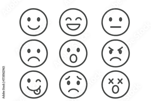 Simple outline emoji faces collection. Vector cartoon illustration of emoticons with different expressions. Emotion, mood, and feeling icons set. Happy, sad, angry, funny faces.